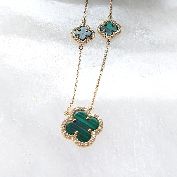 Rachel Zoe Three Clover Alhambra Necklace in 18K GP Silver & Malachite NWT - Picture 2 of 6